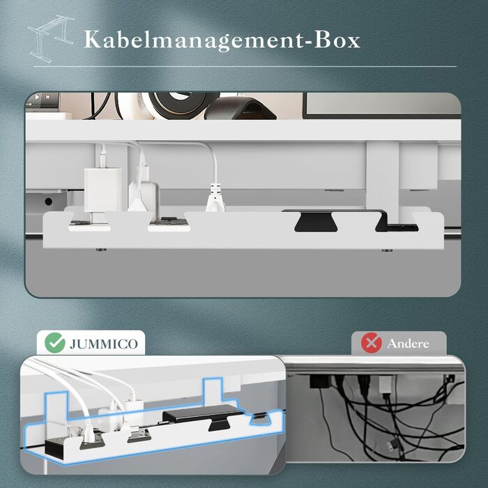 Регульований стіл JUMMICO з USB-роз'ємом та кабельною масою, електричний, з плавним регулюванням висоти, на коліщатках (білий)