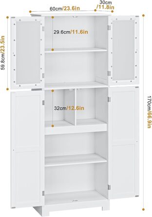 Тумба для ванної біла, 4 двері, 6 відділень, 30x60x170см, для ванної кімнати, вітальні, їдальні, кабінету