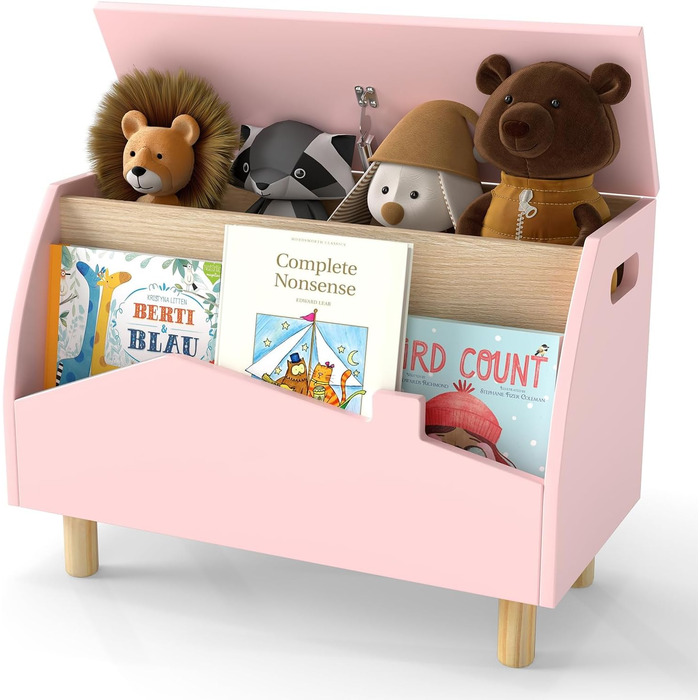 COSTWAY Скринька для іграшок з полицями, дерев'яна іграшковий ящик з кришкою, органайзер для дитячих іграшок, комод для іграшок в дитячу кімнату, 60x30x44 см (Білий, Рожевий)