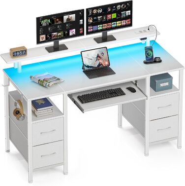Стіл Rolanstar з шухлядами, 120x47 см, ігровий стіл з розеткою, LED-підсвітка та підставка для монітора, стіл для комп'ютера з підставкою для клавіатури, білий