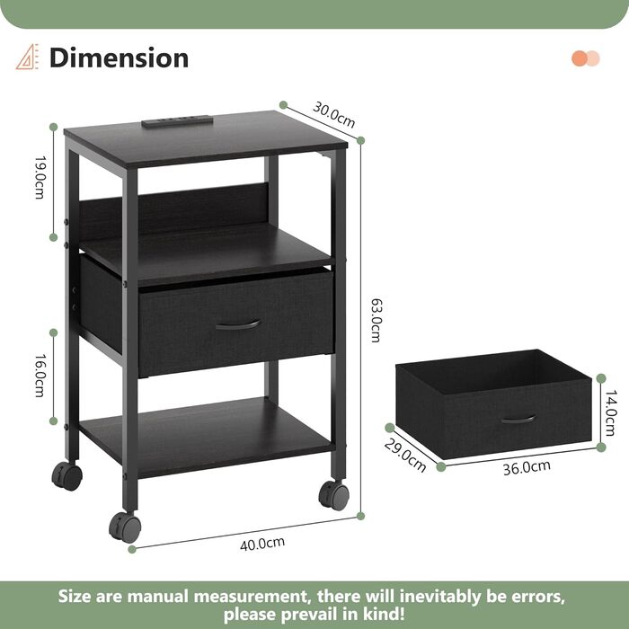 Нічний столик з бездротовою зарядкою, 2 розетки AC та 2 USB, з шухлядою, на колесах, чорний, білий