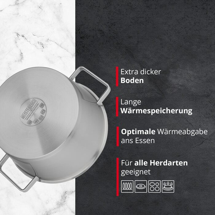 Каструля Meisterkoch з нержавіючої сталі 16 см Ø | з виливом, мірною шкалою та ізольованою ручкою | 1 скляна кришка з дрібним та великим ситом | посуд з нержавіючої сталі, підходить для індукційних плит (24 см)