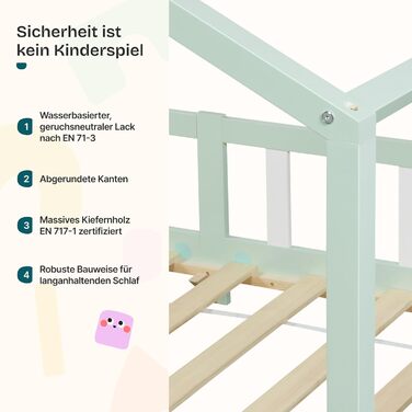 Дитяче ліжко Treviolo Hausbett від en.casa: дерев'яне ліжко Montessori з захистом від падіння, 120x200 см, сосна, колір дерева (м'ятний/білий)