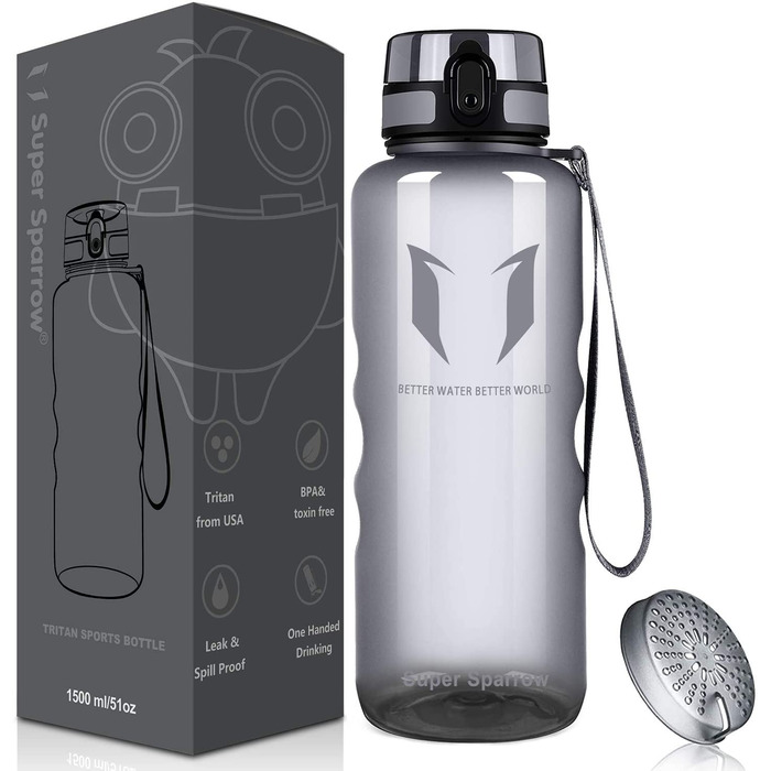 Пляшка для пиття Super Sparrow-герметична пляшка для води об'ємом 1,5 л-спортивна пляшка без бісфенолу А / Школа, спорт, вода, велосипед