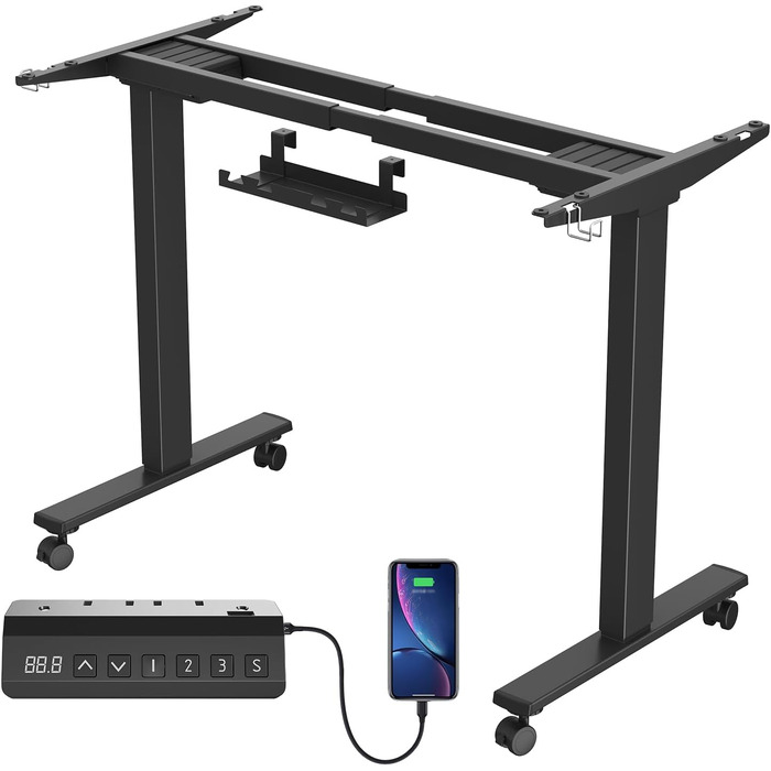 Регульований стіл JUMMICO з міцним металевим каркасом та 2 моторами, 3 режими пам'яті, для сидячої та стоячої роботи (білий), 100 x 140 см, чорний