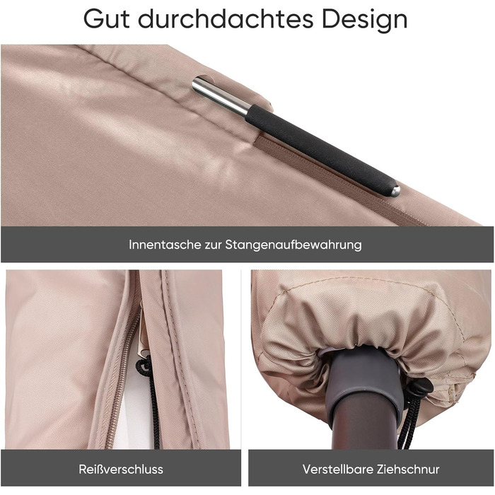 Чохол для парасольки 300 см Sekey Premium | Водонепроникний, UV 50+, з монтажним стрижнем та блискавкою, 175x30,5/36,5 см, Бежевий