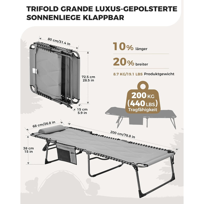 Лежак для відпочинку KingCamp великого розміру, складаний, 5 положень, для саду, кемпінгу, пляжу, з подушкою та кишенею, до 200 кг, 200 x 68 см, сірий