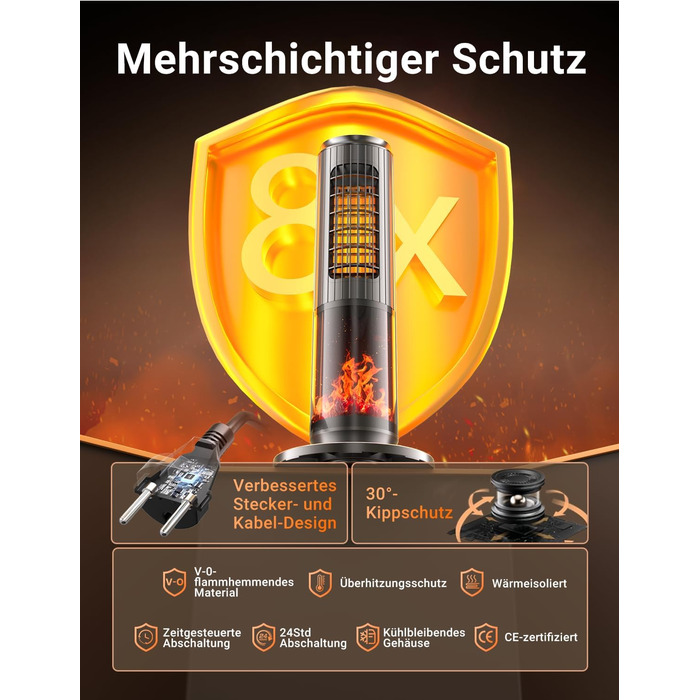 Електричний обігрівач керамічний 2000W з пультом, ефект каміну, термостат, осциляція 70°, ECO режим, 3 режими, таймер 1-8 год, захист від перегріву та перекидання, тихий для офісу та вітальні