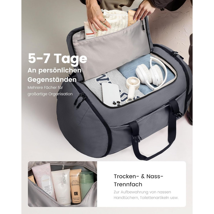 Спортивна сумка LOVEVOOK для чоловіків з відділенням для взуття, 65L, сіро-чорна