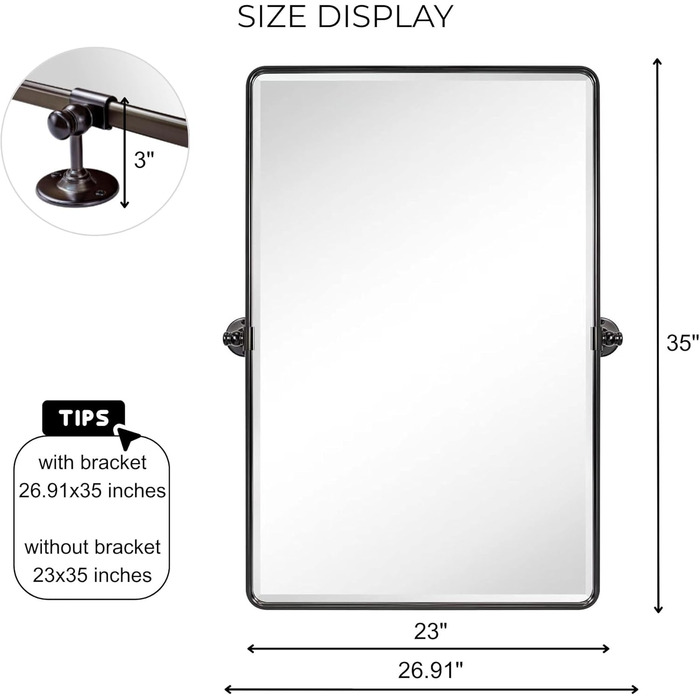 Дзеркало для ванної кімнати TEHOME 61x50.8 см, поворотне, матовий чорний, прямокутне, з металевим каркасом