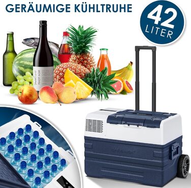 Автомобільний компресорний холодильник KESSER 42L з Wi-Fi, 12/24/230V. Морозильна камера до -20°C, колеса, телескопічна ручка для кемпінгу, фургону, вантажівки + 2 акумулятори холоду 42л, темно-синій