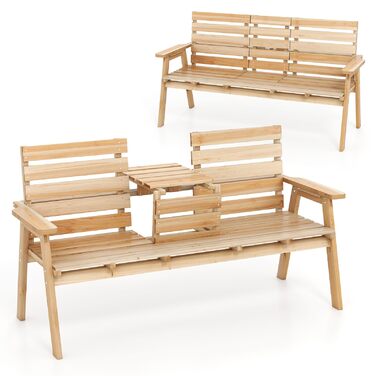 Лавка для саду COSTWAY з журнальним столиком, дерев'яна лавка на 2-3 особи, міцна лавка для тераси, балкону та саду, до 320 кг, 160 x 64 x 86 см, колір: натуральний