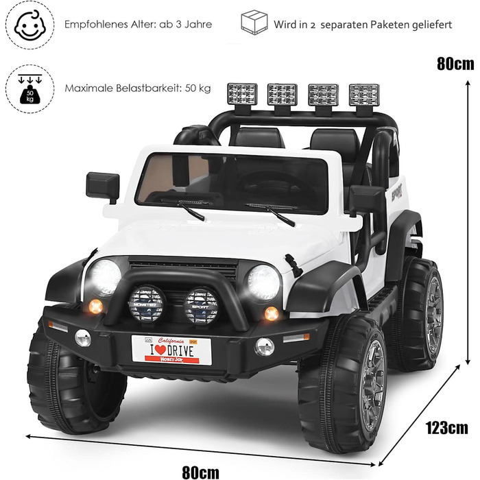 Дитячий електромобіль DREAMADE 12V, двомісний, з пультом ДУ, LED-підсвіткою, музикою, USB, для дітей від 3 років, білий