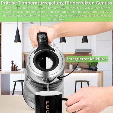 Електричний чайник-заварник зі скла та нержавіючої сталі, 1.7 л, 2200 Вт, з регулюванням температури, з підсвічуванням, BPA Free