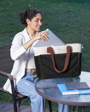 Сумка для ноутбука LOVEVOOK 15.6 дюймів, жіноча: шопер, велика робоча сумка, для навчання, універсітету, бізнесу (чорно-біро-коричнева)