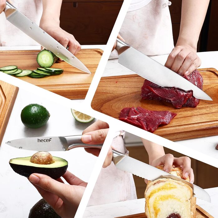 Набір ножів Hecef 6 предметів з підставкою, нержавіюча сталь, кухонні ножі, ергономічні ручки, подарункова коробка