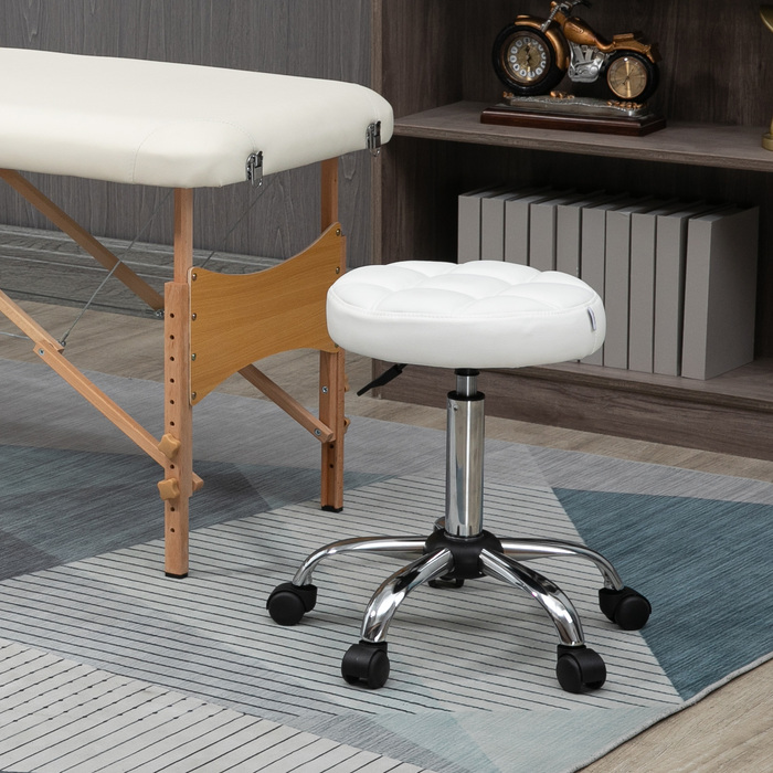 Vinsetto Rolling Stool Регульований по висоті поворотний робочий стілець для офісу та салону, штучна шкіра Білий Ø35,5 x 51-67 см