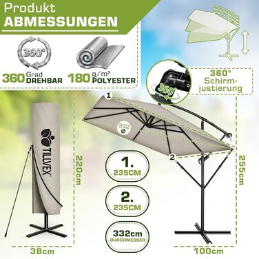 Прямокутна садова парасолька tillvex® з алюмінієвим стійкою 330 см, підвісна модель з рукояткою, захистом від UV та вітру, водонепроникна (Taupe, без LED)