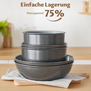 Набір каструль BEZIA 17 предметів з знімним ручками, антипригарне покриття кераміки, набір для індукційних плит, підходить для всіх типів плит, складається, набір каструль Induktion, посуд для кемпінгу, придатний для духовки (темно-сірий)