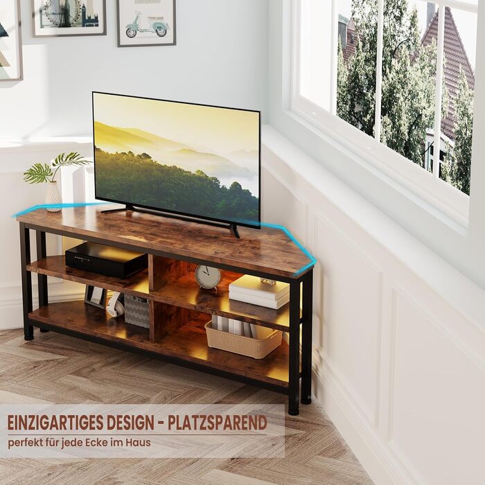 Тумба під телевізор кутова Dripex з LED підсвіткою, дерев'яний стиль, металевий каркас, індустріальний дизайн 106x36x45.5 см