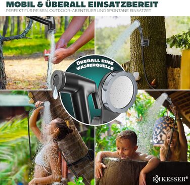 Соняшна душова кабіна KESSER® з насосом та акумулятором 8000mAh | Комплект для кемпінгу з регульованим душем, 2м шлангом, пістолетом-розпилювачем та кріпленням. Без бака. Срібно-чорний колір