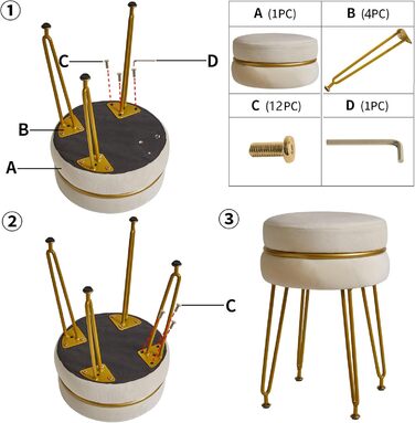 Сучасний оксамитовий пуф з круглим підніжжям IBUYKE, стільчик для макіяжу, пуф з золотими ніжками, декоративний пуф для спальні, вітальні, передпокою, білий L/G-40M з декором кремово-білий
