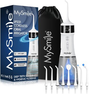 MySmile LP221 Бездротовий ірригатор для порожнини рота з UVC стерилізацією, 335 мл, портативний, OLED-дисплей, 4 режими, 8 насадок, чохол для дому та подорожей (перламутровий)