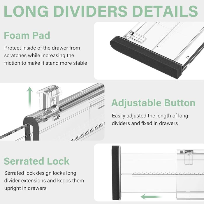 Регульовані роздільники для ящиків FUNIZE, 8 шт., 32-58 см, 16 шт. вставок 9-18 см, органайзери для ящиків на кухню, спальню, офіс, 6 см висота