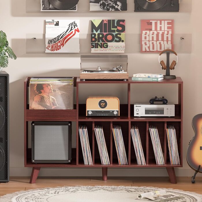 Стійка для платівок з полицею для зберігання, підставка для програвача, органайзер для вінілових платівок на 450 альбомів, полиця для музичної кімнати та вітальні (горіх)