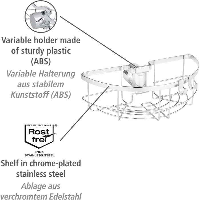 Душова штанга WENKO Caddy Floresta Душова полиця з хромованої нержавіючої сталі, кріплення без шурупів і свердління, для всіх поширених душових штанг, 24 х 6,2 х 14 см, глянцева (кругла)