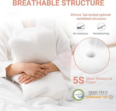 Ортопедична подушка для шиї Elviros з піни Memory Foam, ергономічна, для сну на спині, боці та животі, знімний охолоджуючий чохол, 64×(11,5/13)×40 см, сірий