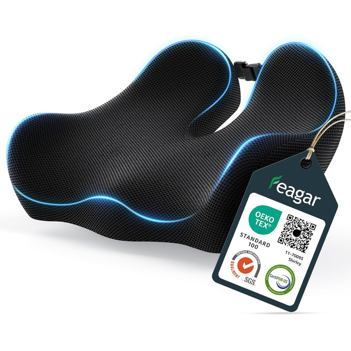 Ортопедична подушка для сидіння Feagar з memory foam - ергономічна подушка для офісного крісла, авто та дому - подушка для куприка, зняття навантаження при тривалому сидінні, неслизька (до 100 кг), чорна
