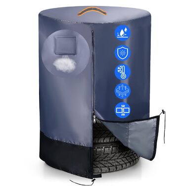 Чохол для коліс автомобіля, великий, міцний, 420D, універсальний, для 4 коліс, з блискавкою, вологостійкий, з світловідбиваючими смугами (Ø 84cm x H 120cm), сірий & чорний