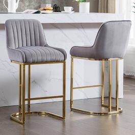 Набір з 2 барних стільців з велюру з золотистими металевими ніжками, з підлокітниками, для кухонного острова/домашнього бару, сірий