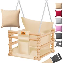 Дитячий гойдалка-колиска KIDIZ® для немовлят від 6 місяців та малюків до 3+ років (Бежевий) - дерев'яна, з регульованою висотою та м'якою подушкою, для дому та вулиці