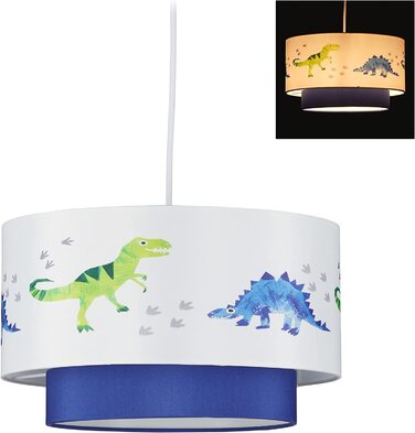 Підвісний світильник Relaxdays Dino, круглий абажур із зображенням динозавра, для дитячої та дитячої кімнат, HxD 126x30 см, біло-блакитний