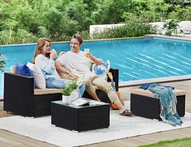 Садовий набір меблів SONGMICS з ротангу для балкона та тераси: кутовий диван, крісла, столик зі склом, подушки (чорний + бежевий)