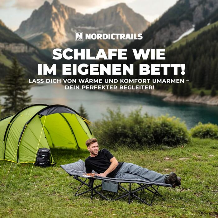 Розкладне кемпінгове ліжко NORDICTRAILS XXL з м'яким матрацом, сіре (190 x 70 см) — зручне похідне ліжко для відпочинку, риболовлі та гостей