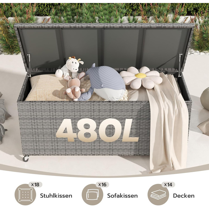 Скриня для подушок садових Polyrattan Amopatio 480л, водонепроникна, з роликами та газліфтом, сіра