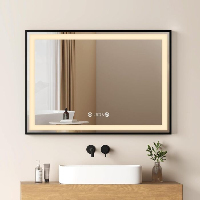 Дзеркало для ванної кімнати EMKE з підсвіткою 70x50 см, чорне, з сенсорним керуванням, регулюванням яскравості, протитуманним покриттям, годинником, функцією пам'яті та нейтральним світлом 4300K, енергозберігаюче, вологостійке (IP44)