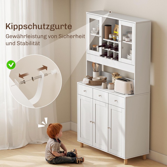 Кухонна шафа 180 см, 2 скляні дверцята, 3 висувні ящики, 4 регульовані полиці, шафа для їдальні, ДСП, білий