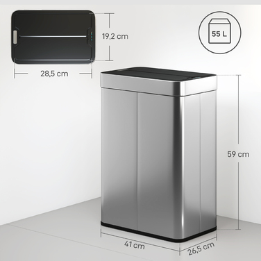 Відро для сміття HOMCOM з датчиком, об'єм 55 л, кришка-метелик, автоматичне відкривання, нержавіюча сталь, сріблястого кольору