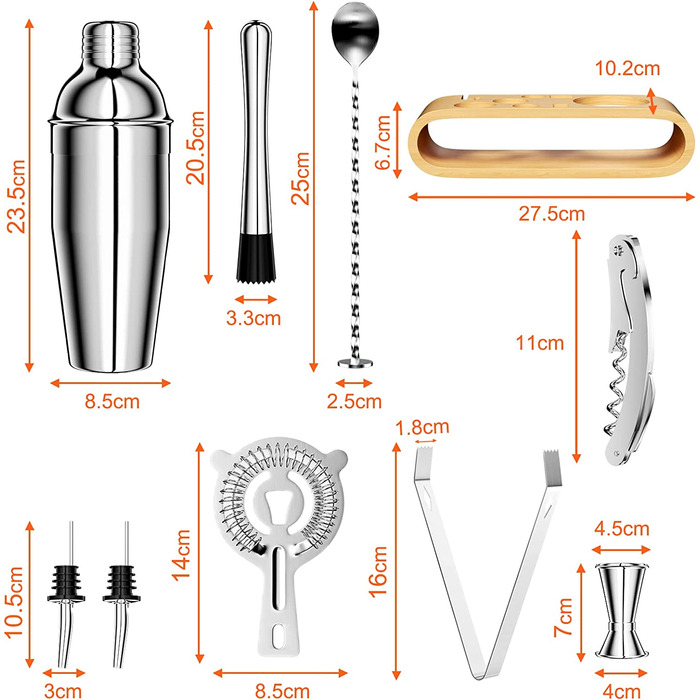Набір для коктейлів Newpop об'ємом 750 мл, шейкер з нержавіючої сталі 10 шт. з дерев'яною підставкою, професійні аксесуари для бармена, з подвійною мірною чашкою, ложкою, наливачем, для змішування напоїв, вдома, в барі ,на вечірці (срібло)