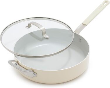 Набір кухонного посуду GreenPan x Bobby Flay 13 предметів: професійний алюміній, керамічне антипригарне покриття без PFAS та PFOA, індукційний, силіконовий ручка, сумісний з посудомийною машиною (4.5QT сковорода з кришкою, кремовий)