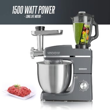 Кухонний комбайн HEINRICHS 3-в-1: міксер, кухонний прилад, м'ясорубка, 1500W, 6 швидкостей, 1.5л, 10л чаша, сірий