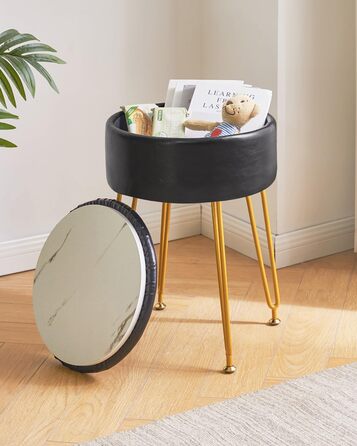 Пуф-табуретка IBUYKE з велюру, круглої форми, з м'якою оббивкою, на золотих металевих ніжках, чорного кольору, з PU-підсидінням для зберігання, модель L/G-30P