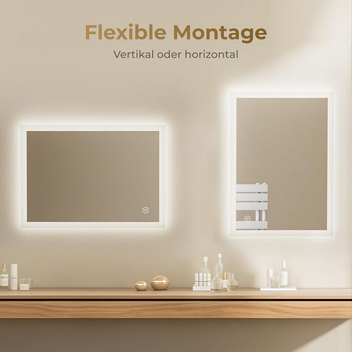 Дзеркало для ванної кімнати з підсвічуванням LED, 70x50 см, регульоване світло 6500K, сенсорне керування, вертикальна/горизонтальна установка