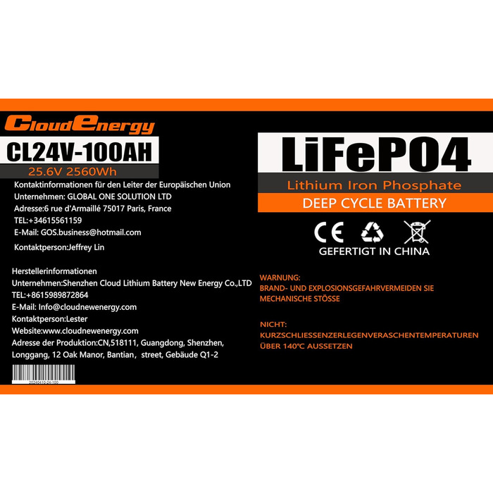 Акумулятор LiFePO4 Cloudenergy 12,8 В 300 Ач, 100 А BMS, 6000 циклів, 10 років, чудово підходить для автономної мережі, дому, автофургону