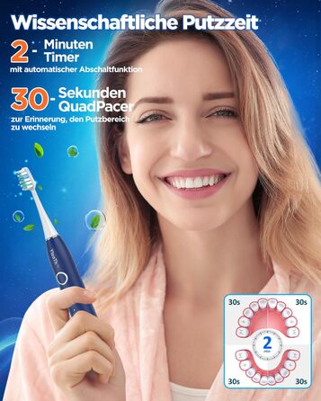 Електрична зубна щітка зі звуковими вібраціями, 8 насадок (3 типи), таймер, 120 днів роботи від акумулятора, 5 режимів чищення, чохол для подорожей, зарядний пристрій для стіни, синій колір