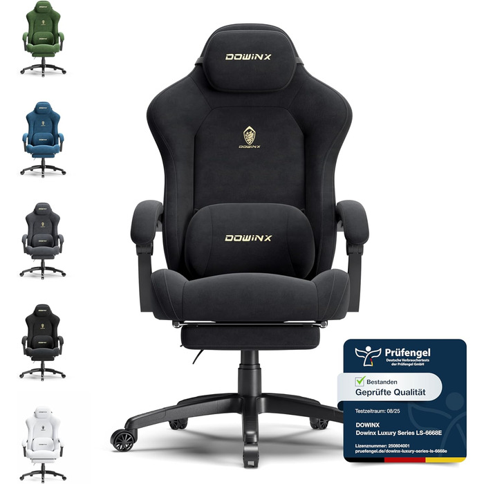 Ігровий крісло Dowinx з регульованою висотою масажного поперекового підпорки, ергономічний дизайн, м'яка мікрофібра велюр, посилене сидіння, підголівник та підніжка в комплекті, кут нахилу 155°, чорний/титан